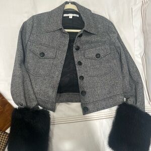 Veronica Beard Gray Tweed Blazer with Black Faux Fur Cuffs
